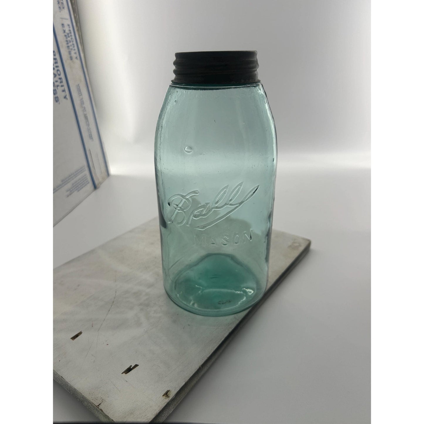 Antique Ball Triple L Half Gallon Aqua Mason Jar 1900–1910 Early Script Fruit Jar Ball Bros Glass Embossed Original Zinc Lid