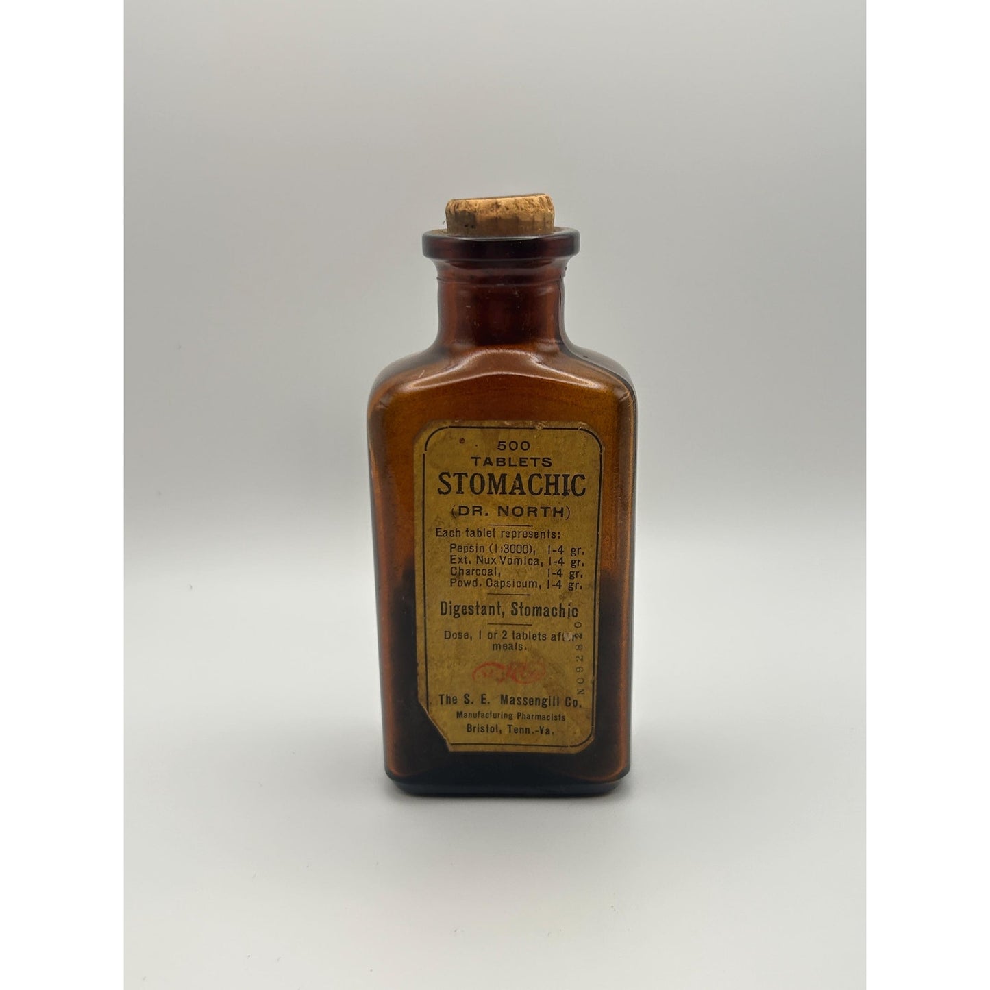 Antique Dr. North Stomachic Tablets Bottle Massengill Bristol TN Amber Glass