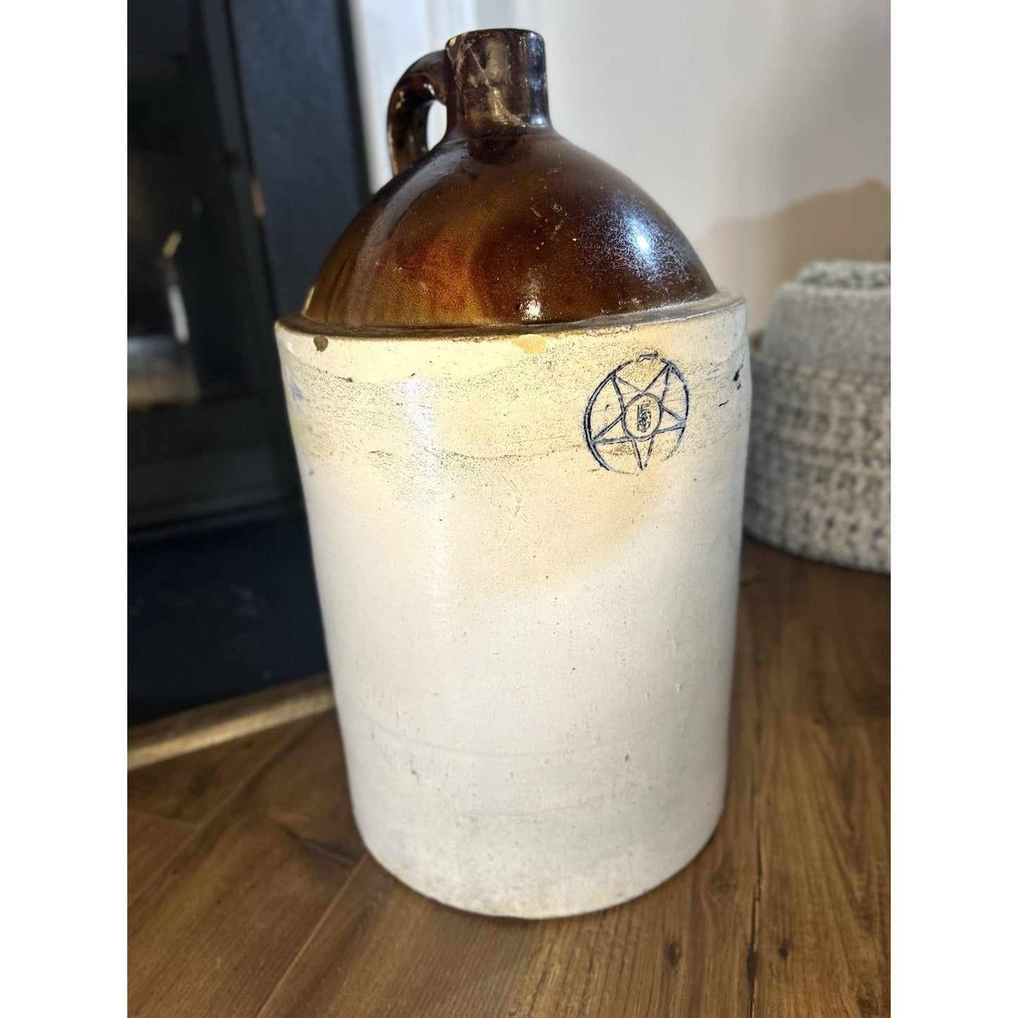Primitive blue star stoneware crock jug overall condition display