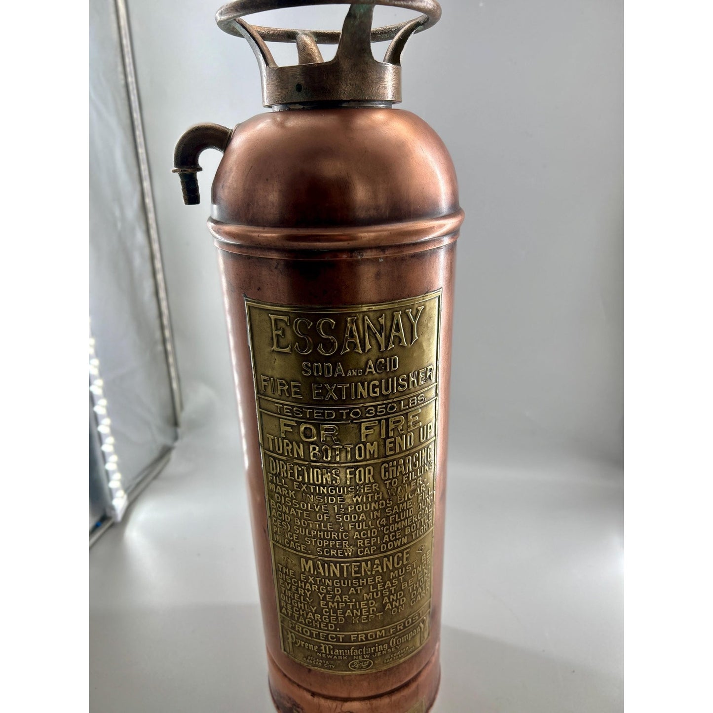 Antique ESSANAY Soda Acid Fire Extinguisher Copper Brass Original Glass Bottle Industrial Firehouse Decor Early 1900s