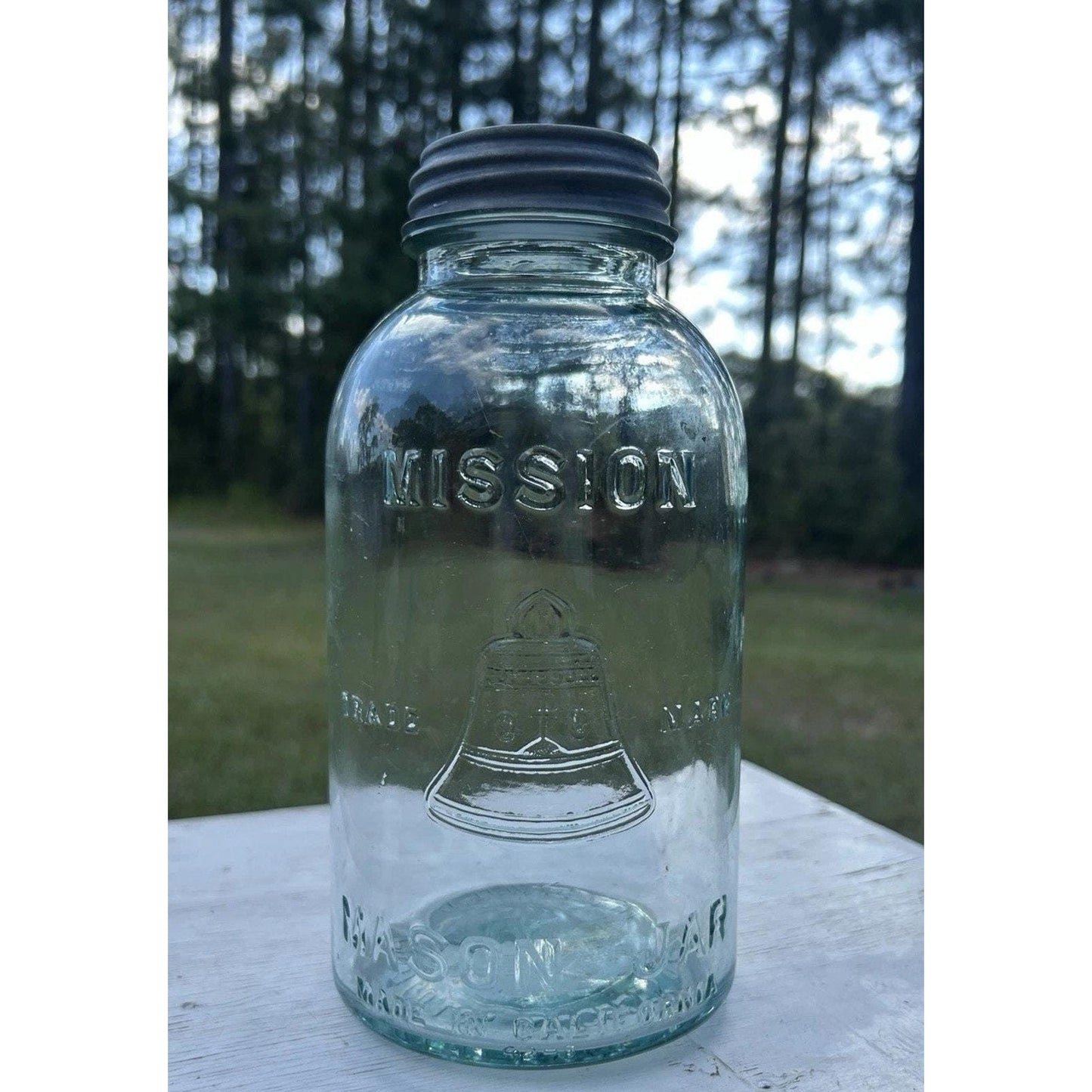 Very Rare Half Gallon Mission Bell Mason Jar – Aqua Blue Antique Canning Jar – W.J. Latchford Los Angeles California Farmhouse Kitchen Decor