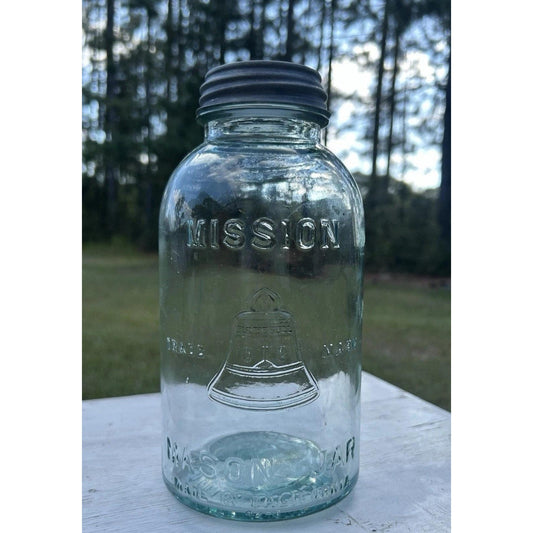 Very Rare Half Gallon Mission Bell Mason Jar – Aqua Blue Antique Canning Jar – W. J. Latchford Los Angeles California Farmhouse Kitchen Decor