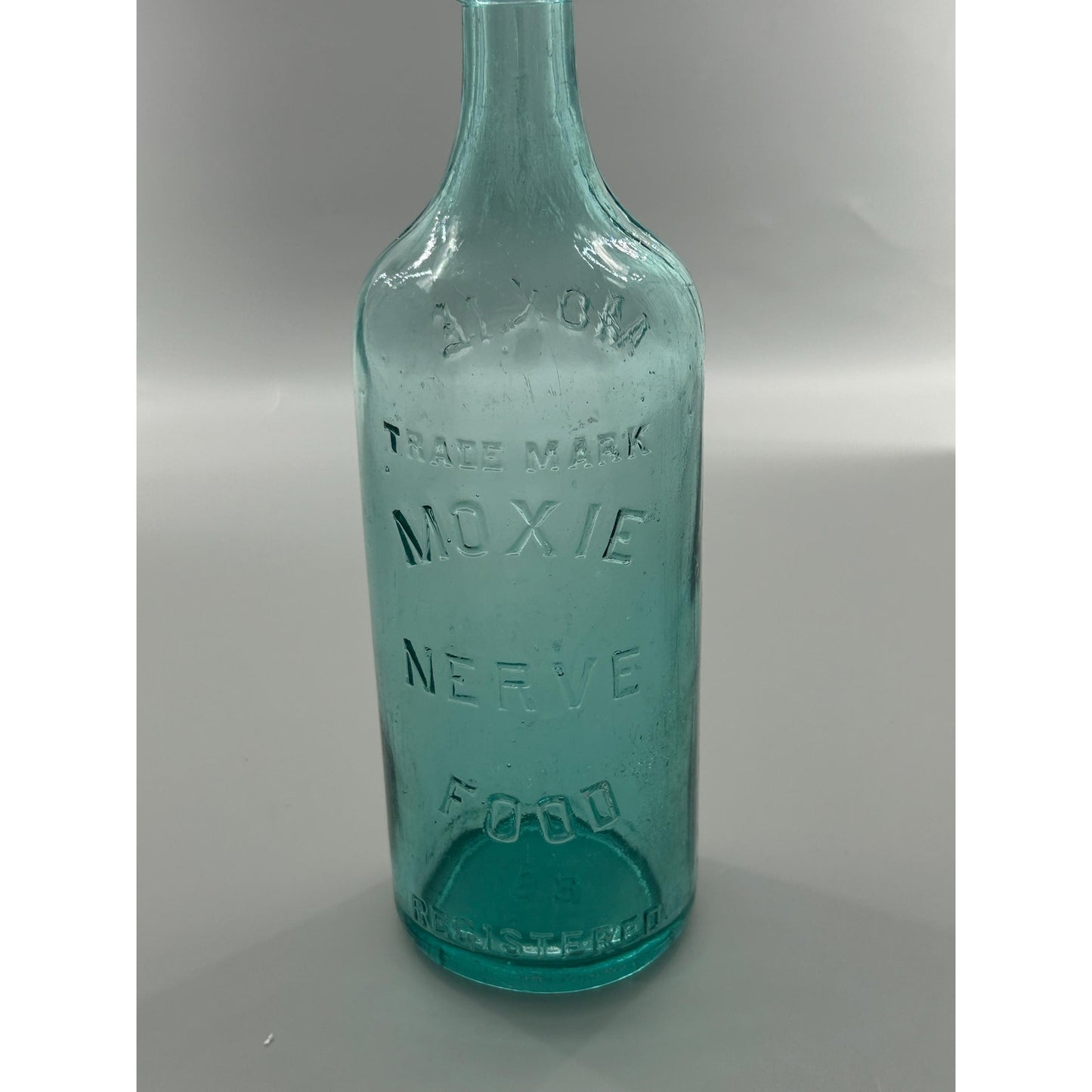 Moxie Nerve Food Aqua Glass Patent Medicine Bottle, Embossed Brockway Glass Collectible Decor
