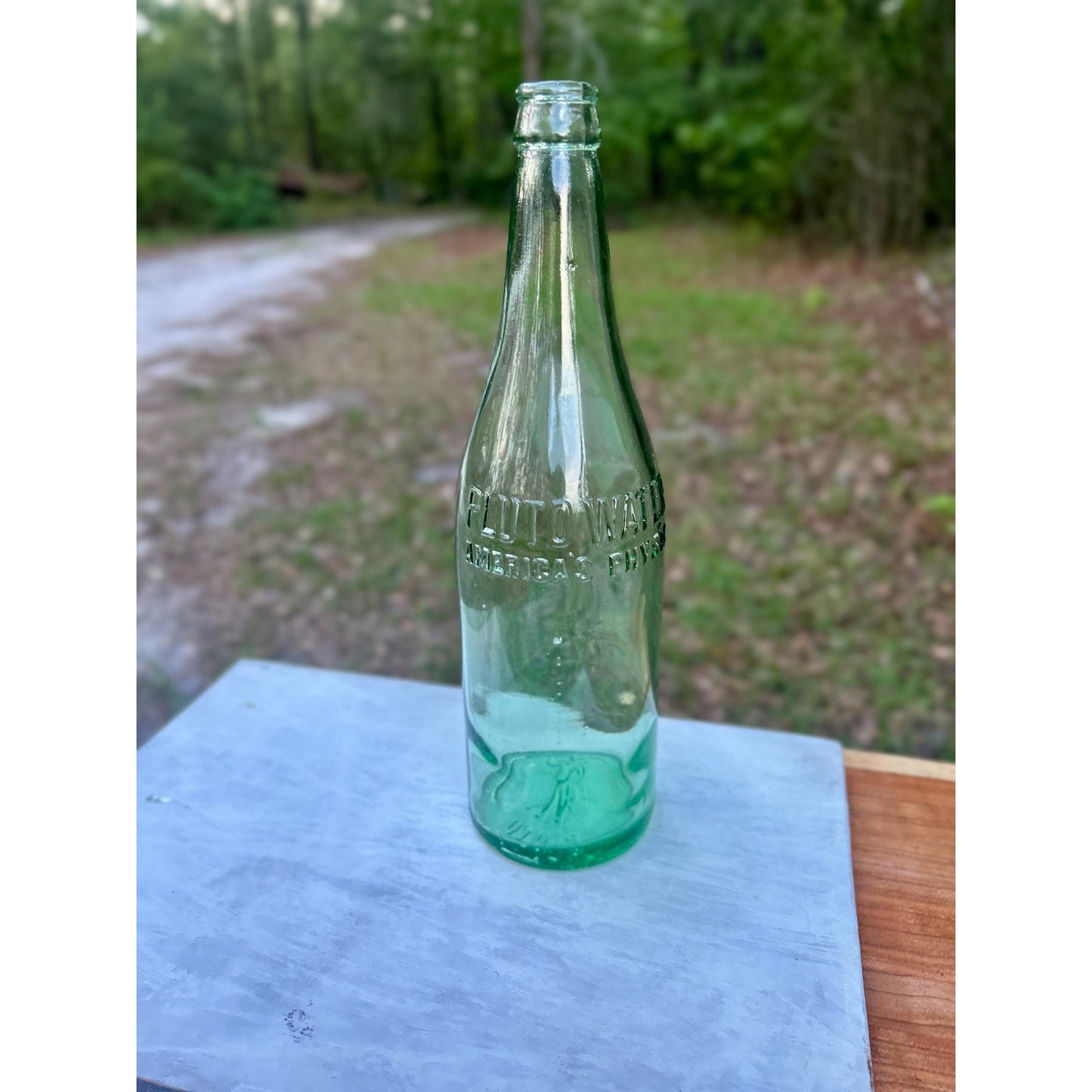 Antique Pluto Water Bottle America’s Physic Devil Logo Base Embossed Aqua Green Mineral Water c1920s