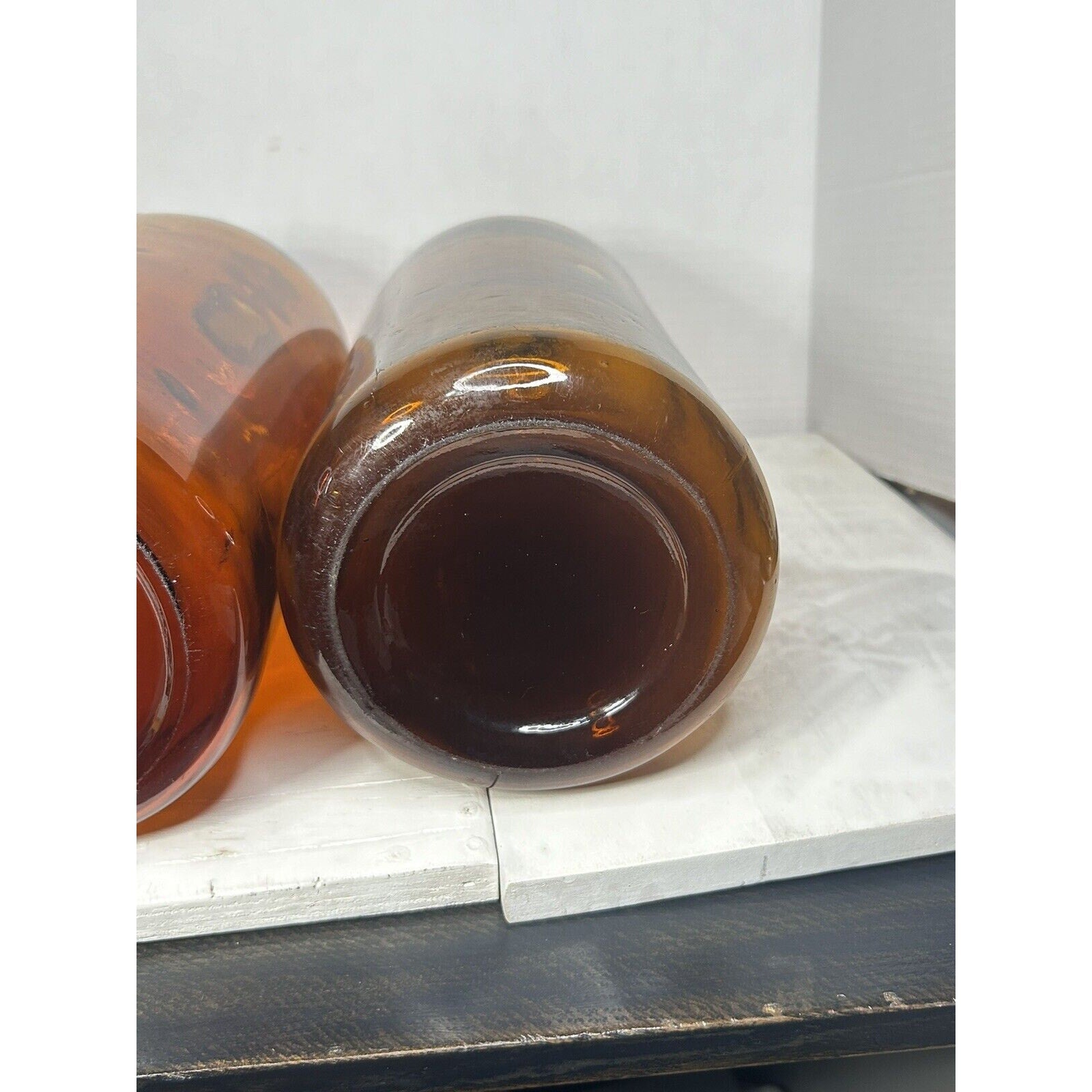 Antique large apothecary amber bottle pair full profile