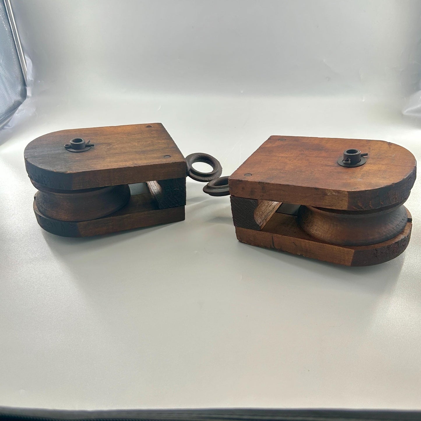 Antique Wooden Barn Pulley Block Pair Primitive Farm Hay Trolley Pulleys Rustic Industrial Farmhouse Decor Architectural Salvage