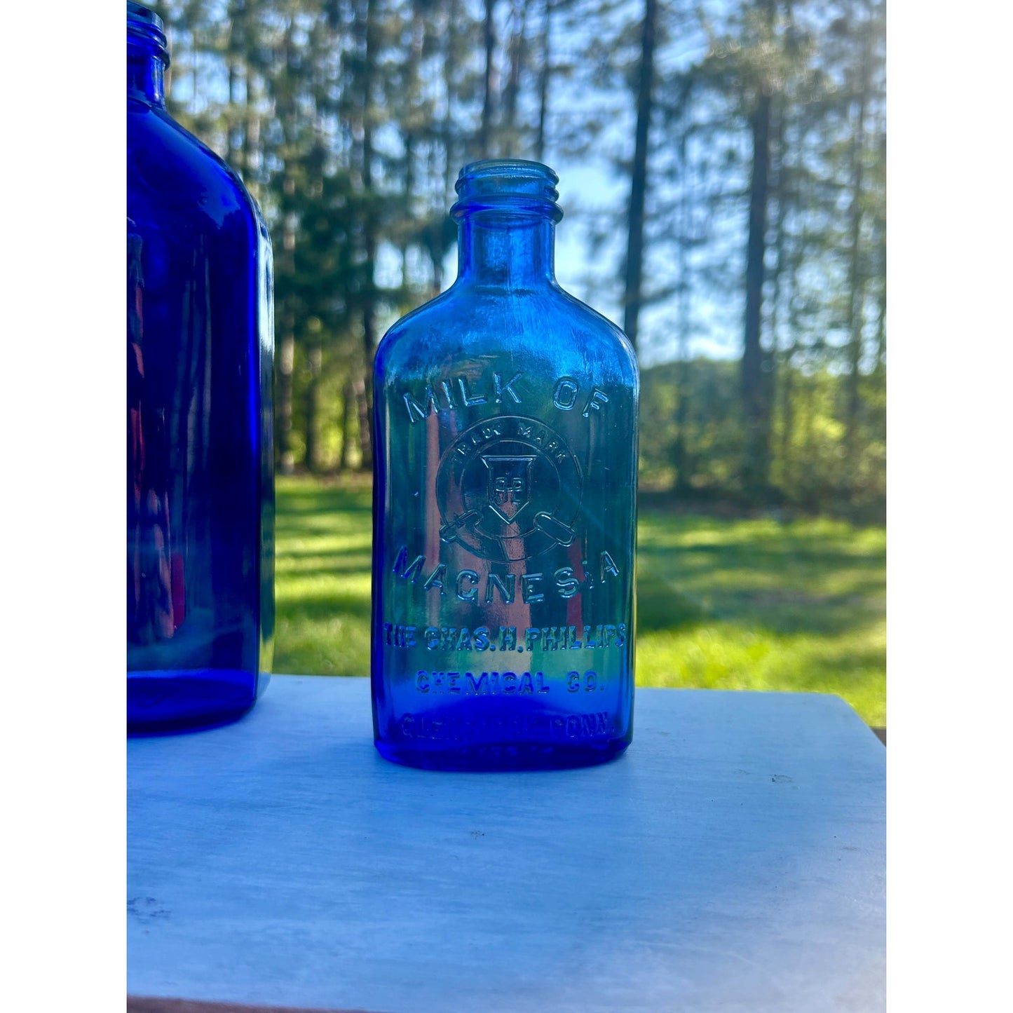 Antique Cobalt Blue Apothecary Bottle Lot Phillips Milk of Magnesia Pharmacy Drugstore Glass Decor