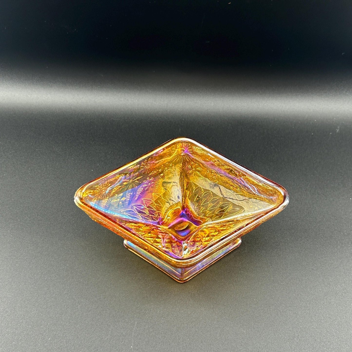 Vintage Indiana Glass Carnival Compote – Marigold Iridescent Square Pedestal Bowl, Floral Depression Glass Centerpiece