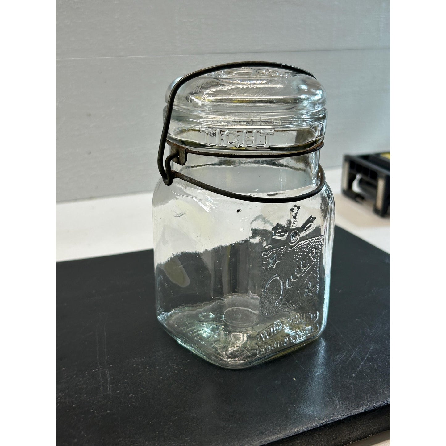 Vintage 1930s–1950s Queen Wide Mouth Square Glass Canning Jar with Wire Bail Lid – Dominion Glass Canada Antique Farmhouse Kitchen Storage