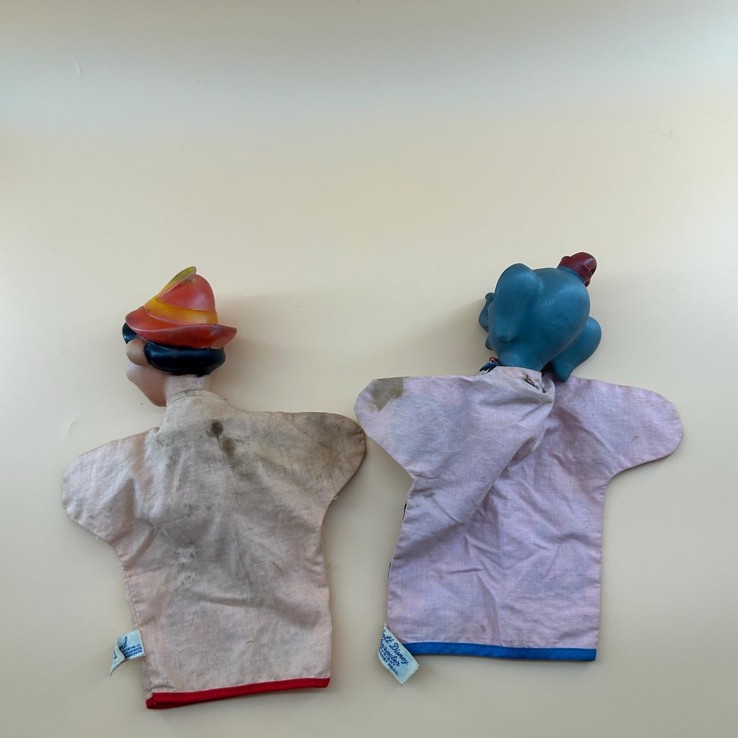 Vintage Disney Pinocchio & Dumbo Hand Puppets Set Vinyl Head Walt Disney Productions Toy 1960s Mid Century Character Disneyana Collectible