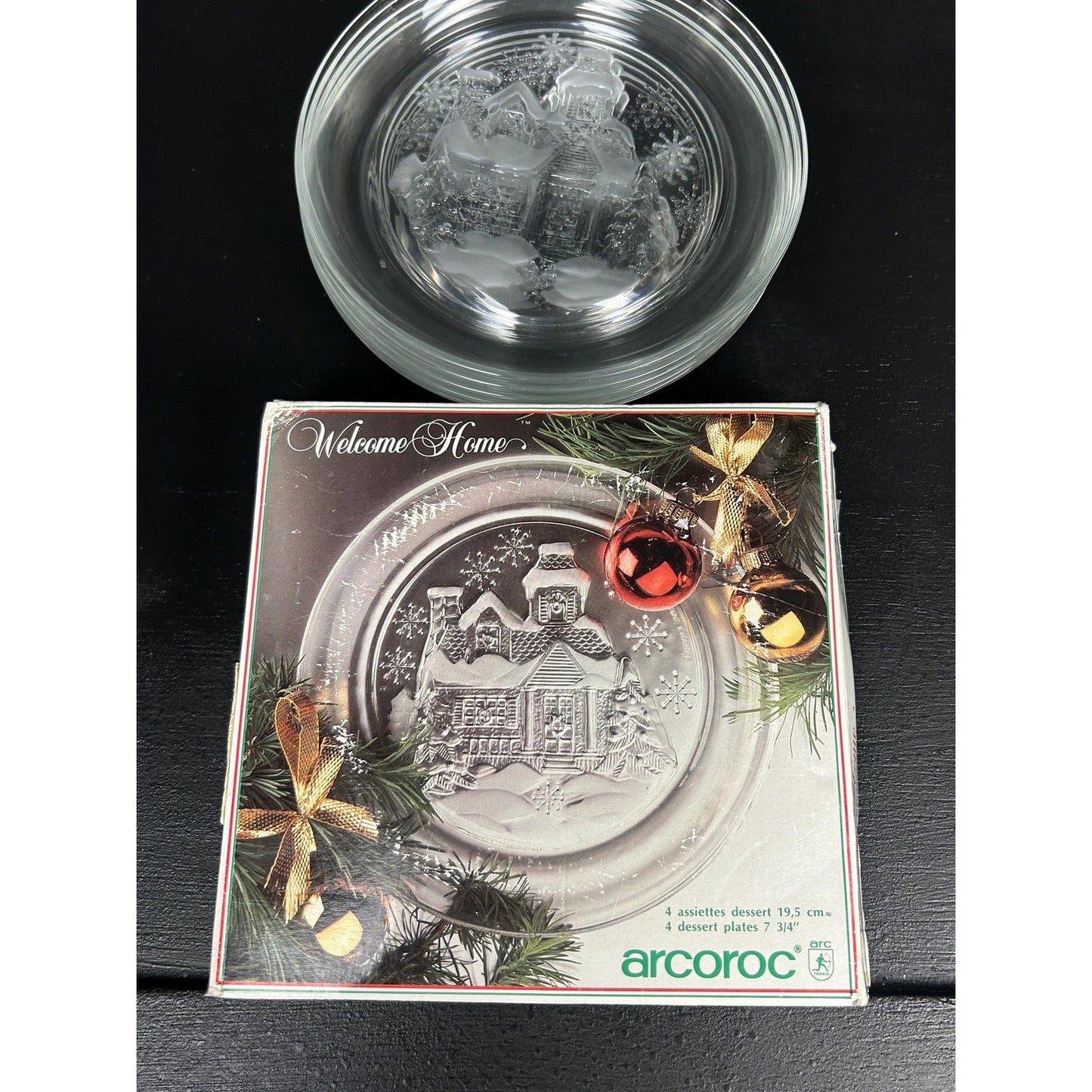 Arcroc “Welcome Home” Christmas Plates • Frosted Winter Cottage Glass Dessert Plates • Vintage Clear Holiday Snow Scene Set of 5 (7.75”)