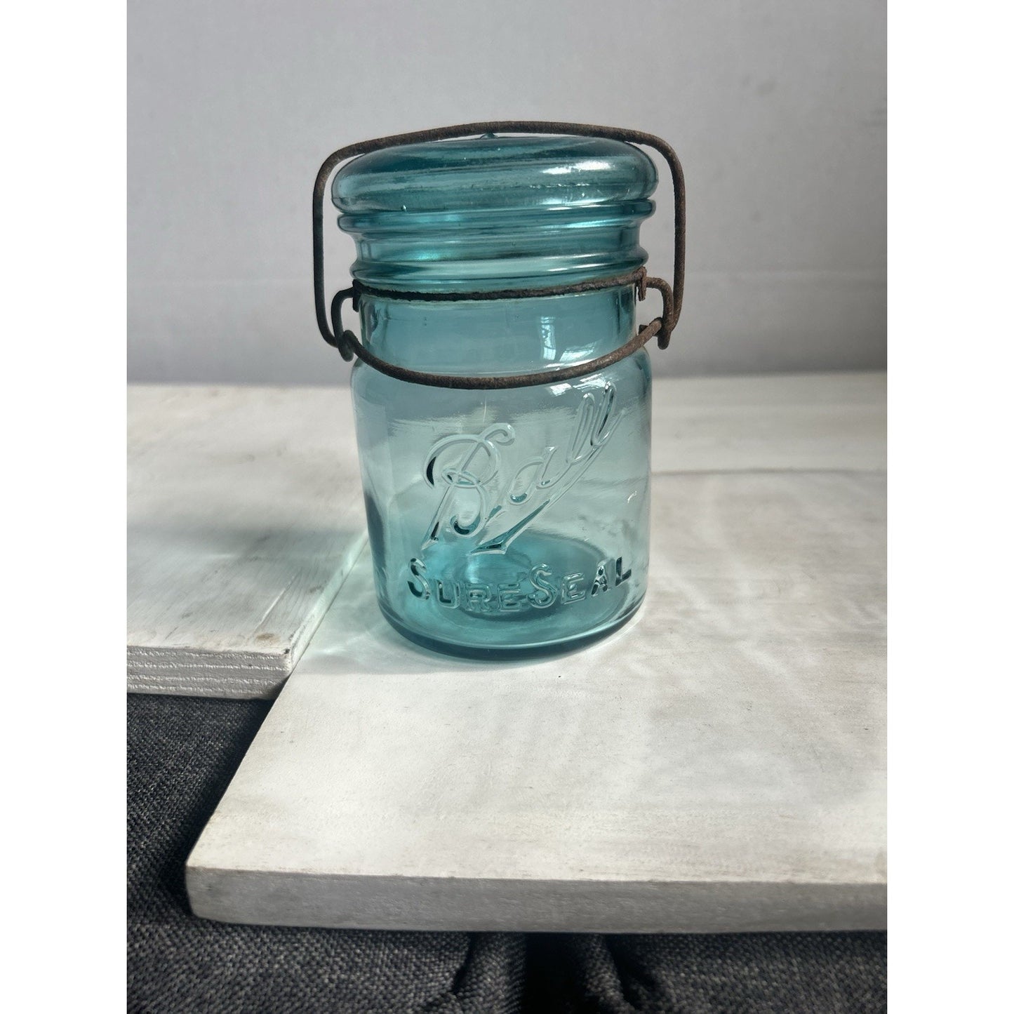 Vintage Ball Sure Seal Pint Mason Jar Blue Aqua Wire Bail w/ Lid – 1930s USA