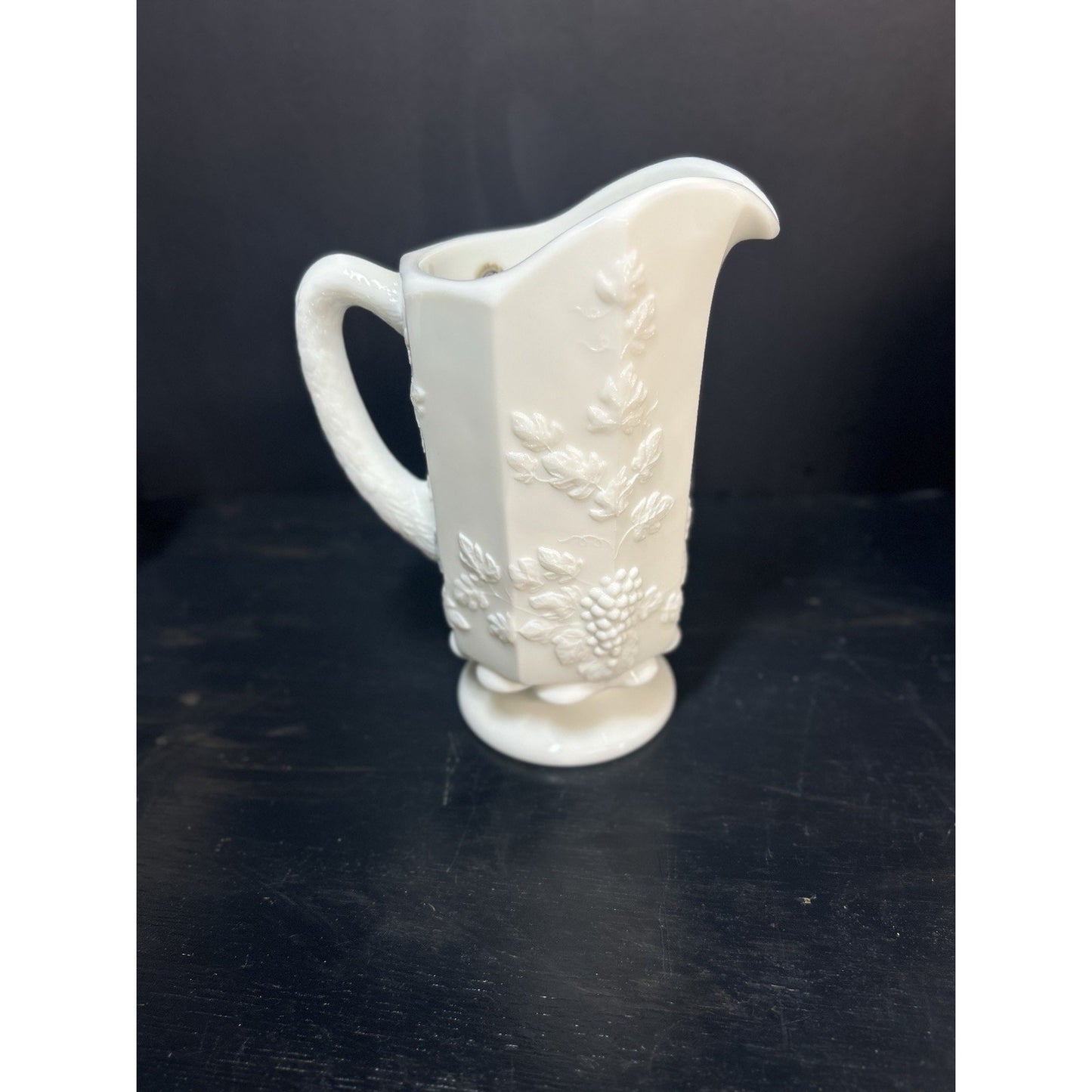 Westmoreland paneled milk glass pitcher grapes vine side view