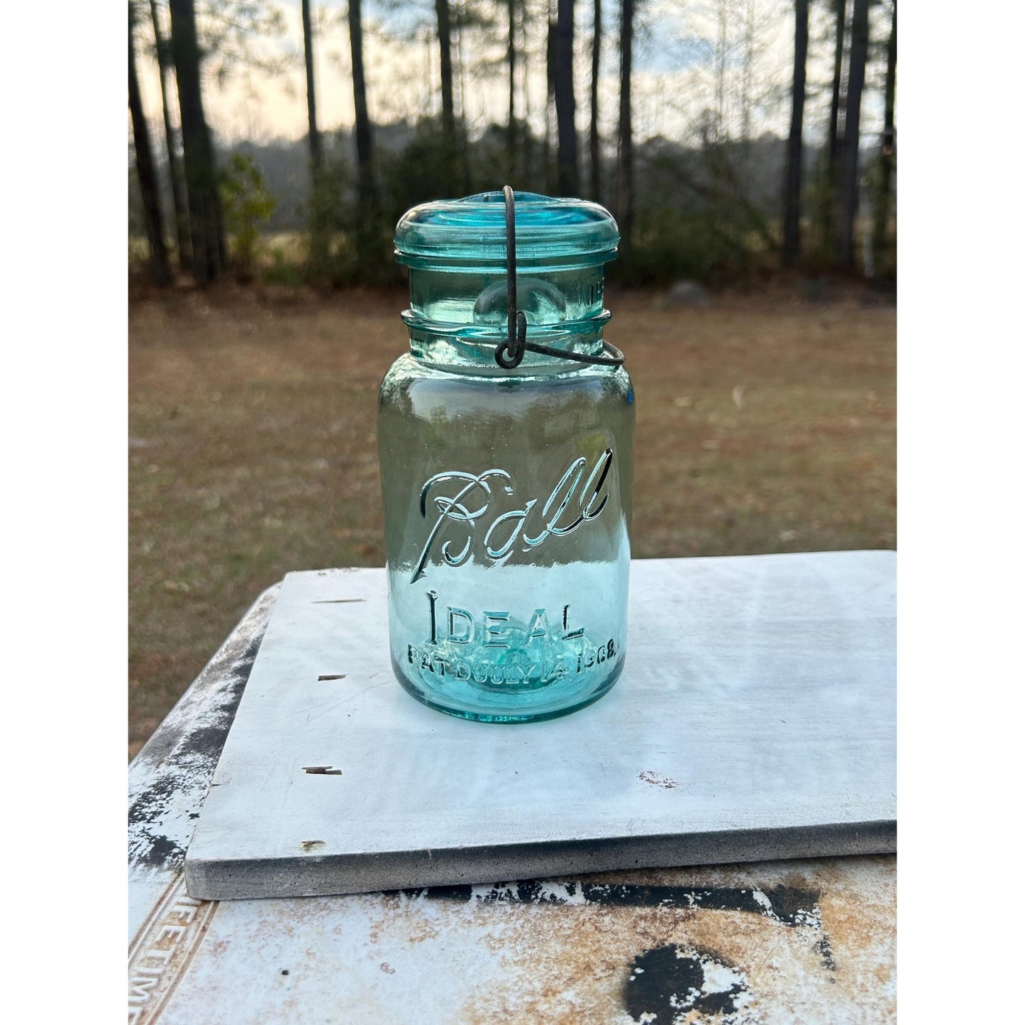 Antique Ball Ideal Aqua Blue Mason Jar Wire Bail Glass Lid Pat July 14 1908 Deep Embossed Fruit Jar Vintage Canning Jar Farmhouse Kitchen