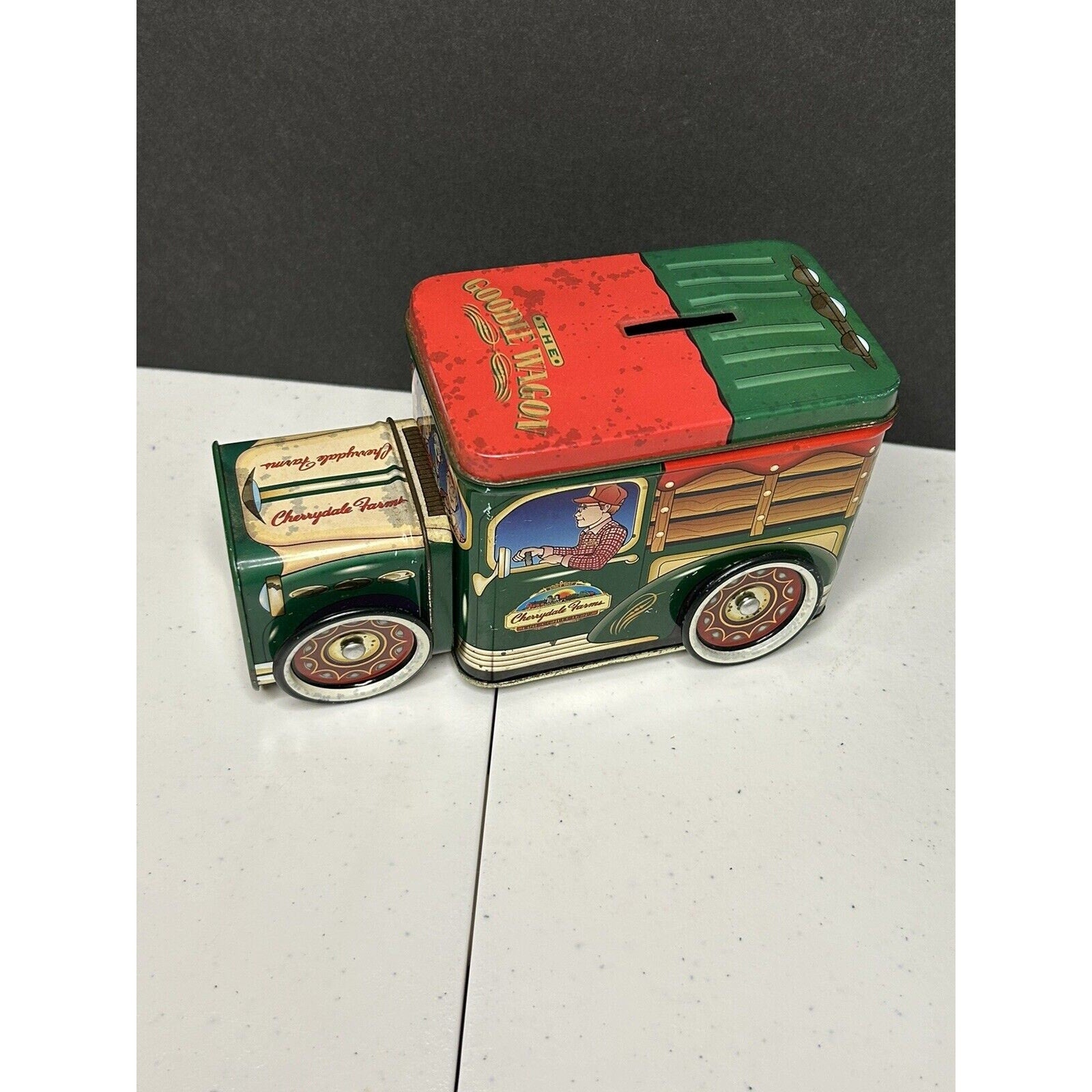 Vintage Nobel Hall Cherrydale Farms The Goody Wagon Tin Truck Coin Bank