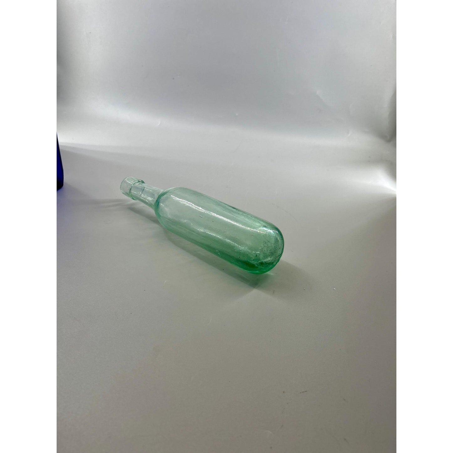 Antique Rare Aqua Whiskey Bottle c1870-1885 Applied Collar Hand Blown Whittle Glass Deep Push Up Base. Scarce find.