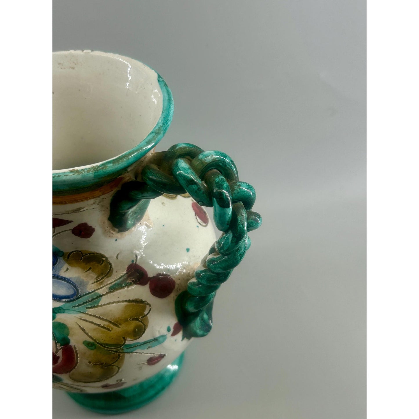 Vintage Hand Painted Spanish Talavera Style Faience Pitcher Twisted Handle Floral Pottery Jug
