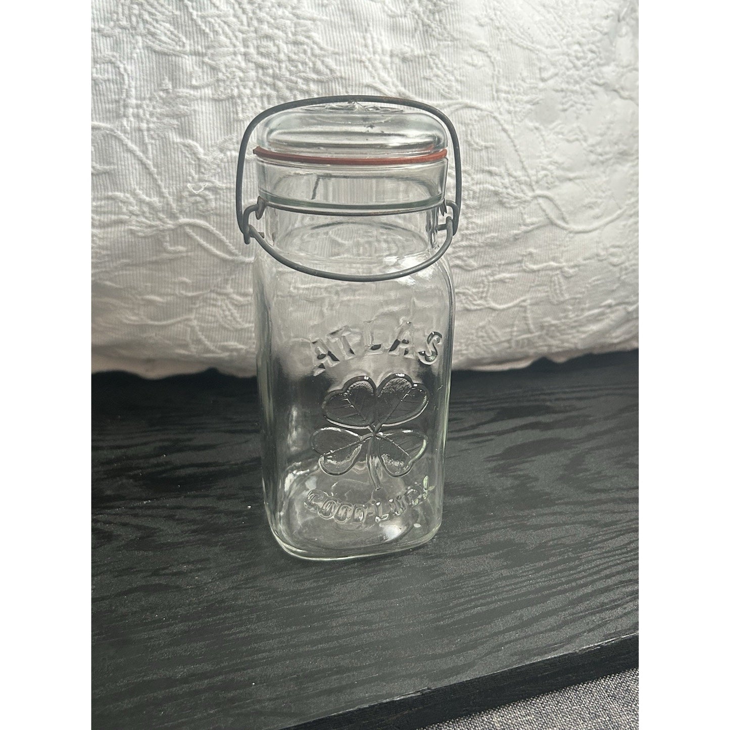 Vintage Atlas Good Luck Clover Mason Jar — ½-Gallon SQUARE Wire-Bail Form — Clear Glass with Original Lid & Gasket
