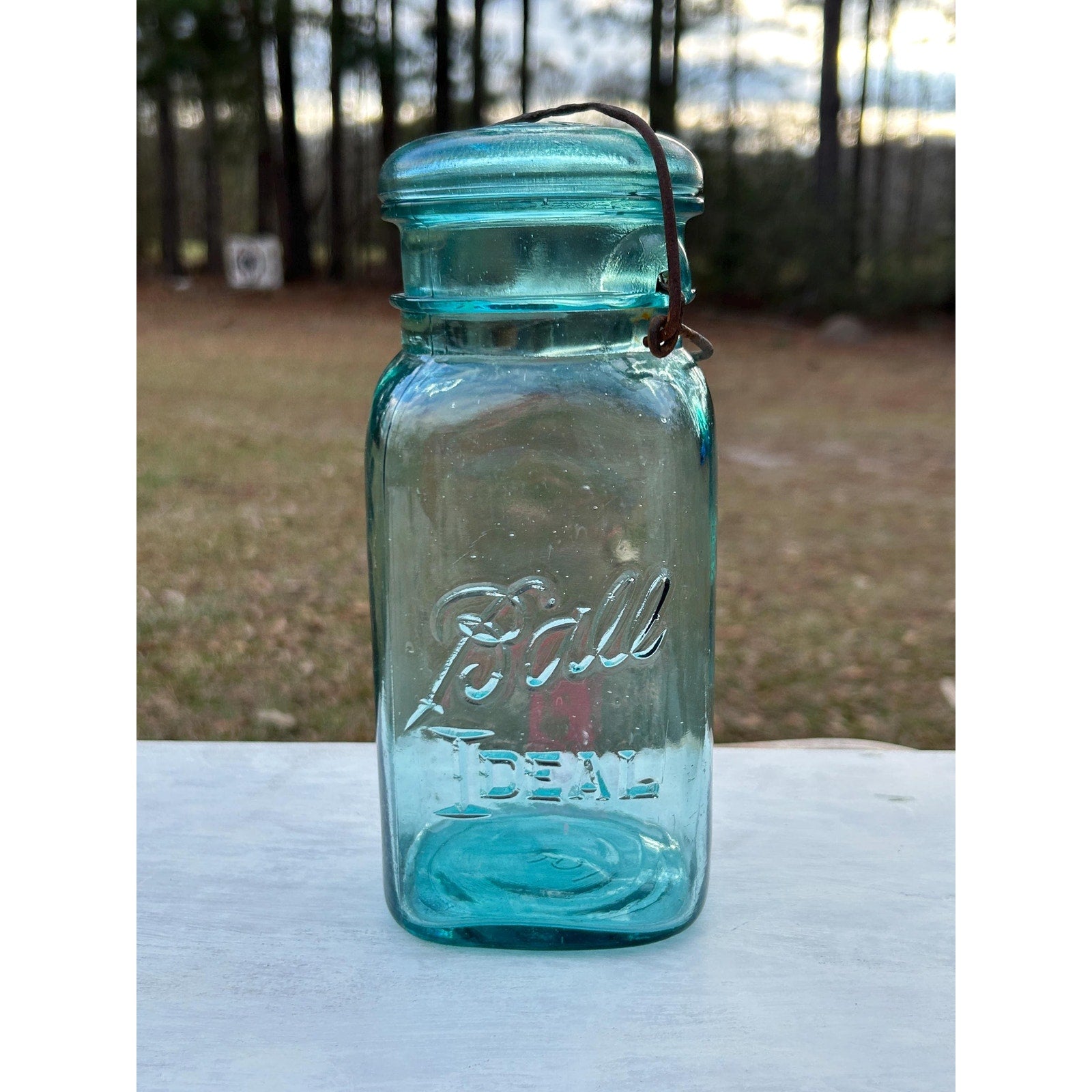 Ball Ideal square aqua glass mason jar wire bail front