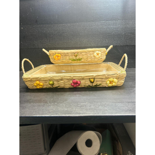 Vintage Pyrex 233 clear glass baking dish set 1960s woven straw floral basket holders 3 pieces front