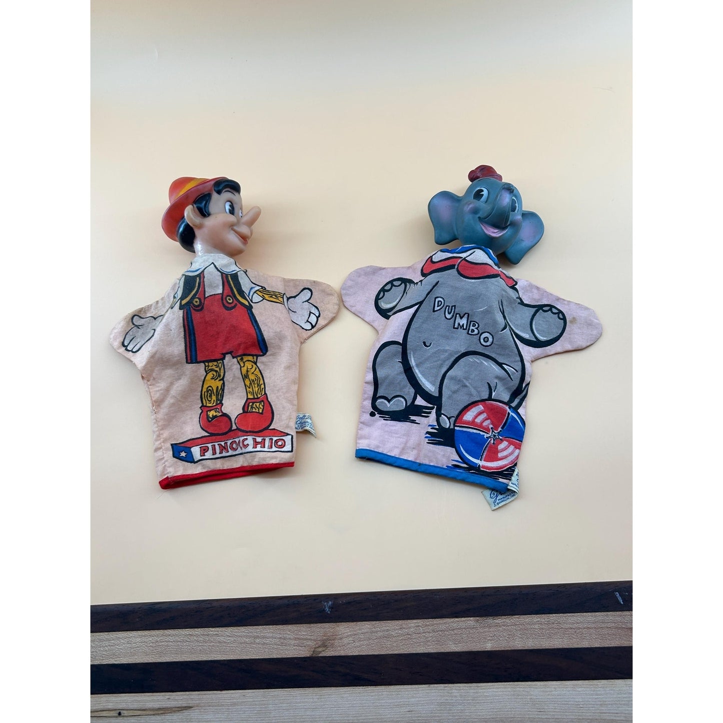 Vintage Disney Pinocchio & Dumbo Hand Puppets Set Vinyl Head Walt Disney Productions Toy 1960s Mid Century Character Disneyana Collectible