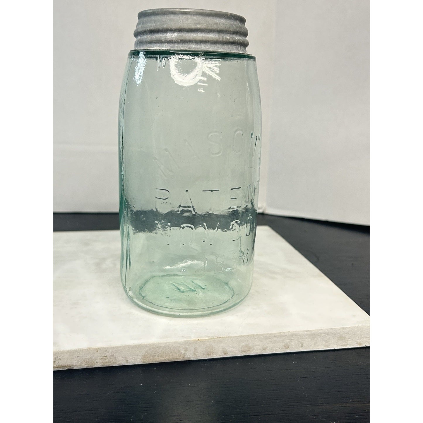 Mason Nov 30 1858 quart jar side seam early glass detail
