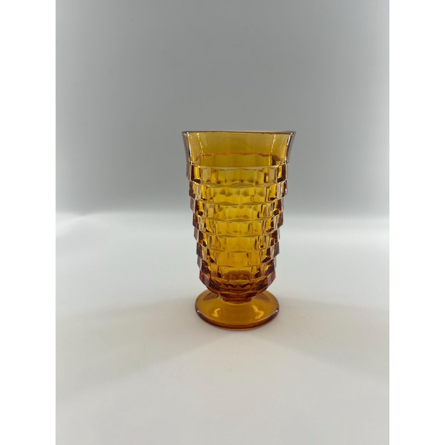 Mid Century Modern Amber Glass Vase | Tall Footed Diamond Pattern Vase | MCM Golden Yellow Art Glass Decor