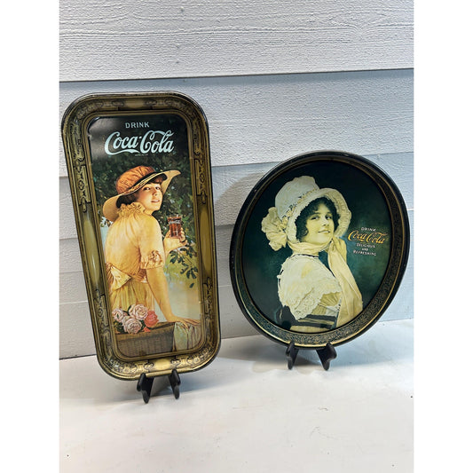 Set of 2 vintage Coca-Cola advertising tins 1970s Victorian Lady and Coca-Cola Girl retro wall decor