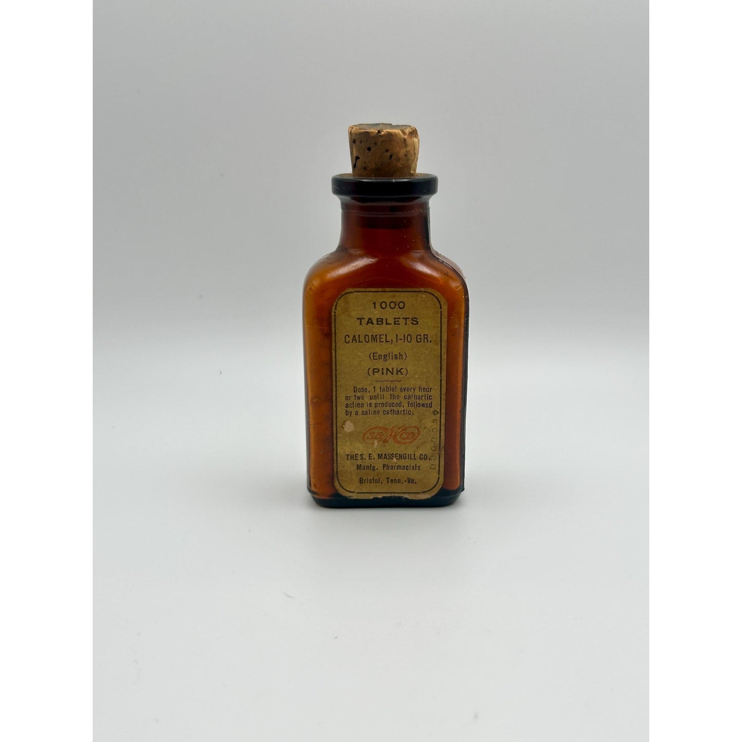 Antique Apothecary Calomel Tablets Bottle S.E. Massengill Bristol TN VA Pharmacy Amber Medicine Jar w Cork Seal 1000 Tablets Medical Quack