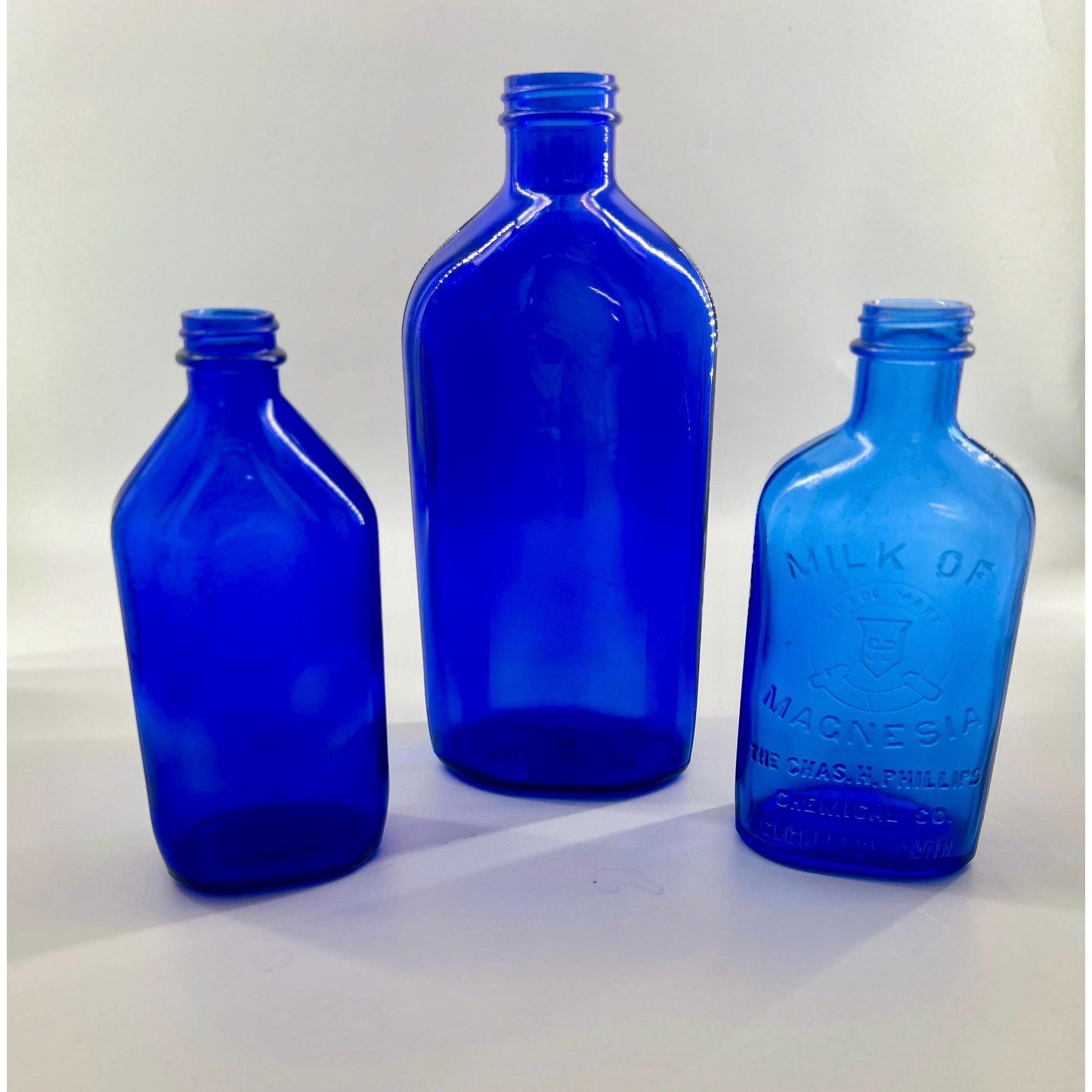 Antique Cobalt Blue Apothecary Bottle Lot Phillips Milk of Magnesia Pharmacy Drugstore Glass Decor