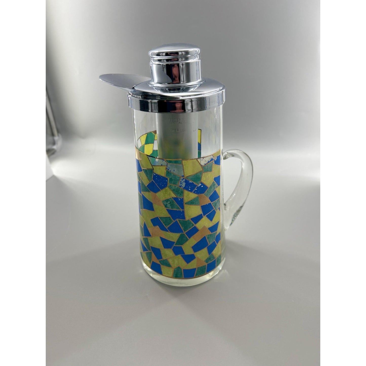 Mid Century Modern Mosaic Glass Pitcher w Chrome Lid & Ice Tube Insert – 1960s Atomic Barware – Retro MCM Entertaining