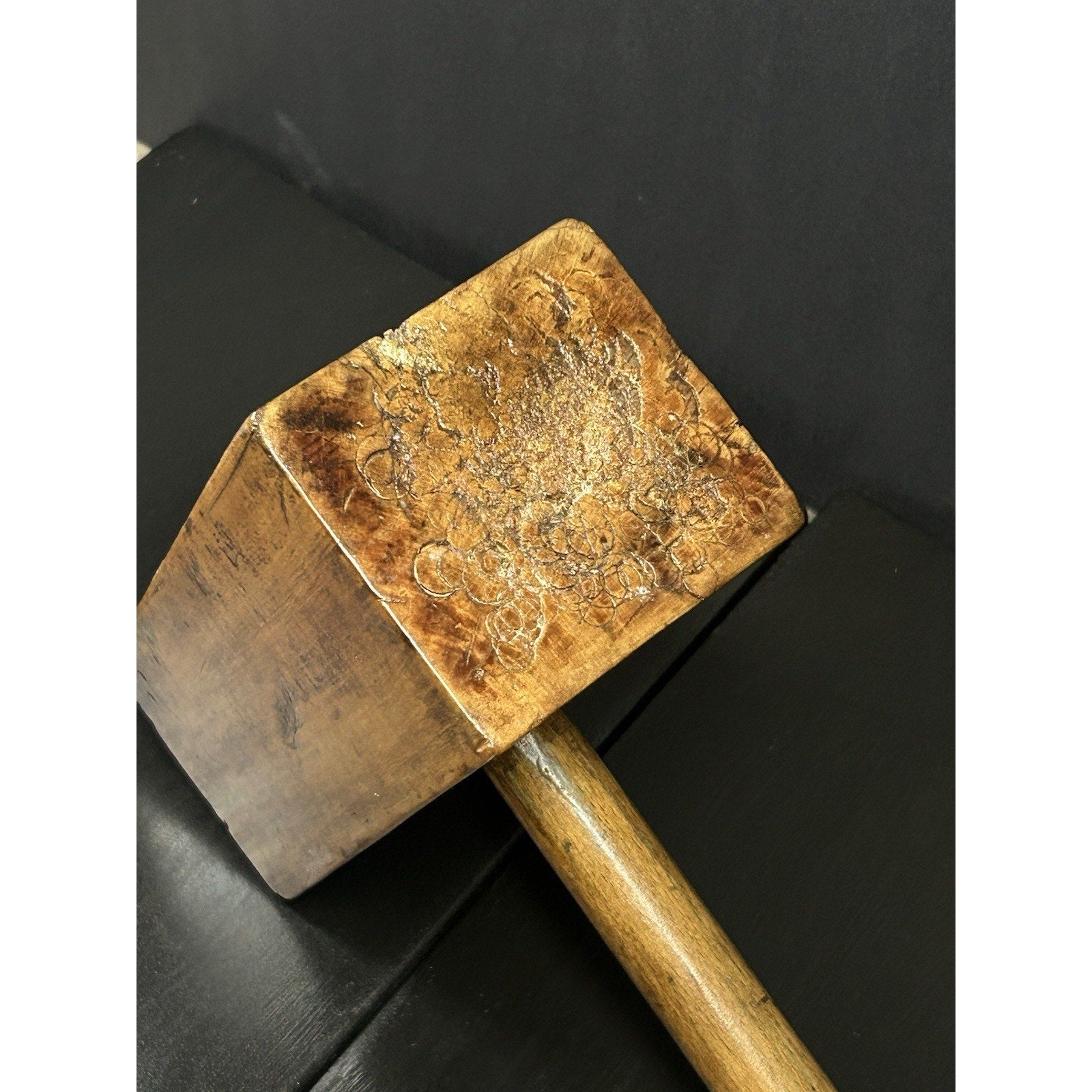 Late-1800s joiner's mallet head detail showing aged hardwood and honest patina
