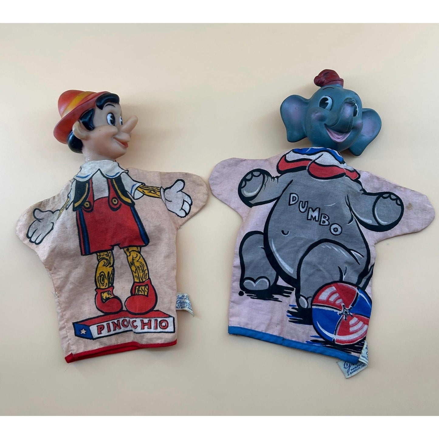 Vintage Disney Pinocchio & Dumbo Hand Puppets Set Vinyl Head Walt Disney Productions Toy 1960s Mid Century Character Disneyana Collectible