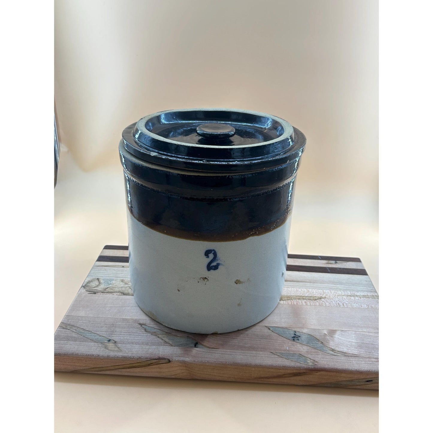Antique 2 Gallon Stoneware Crock w/ Lid Salt Glaze Cobalt #2 Albany Slip