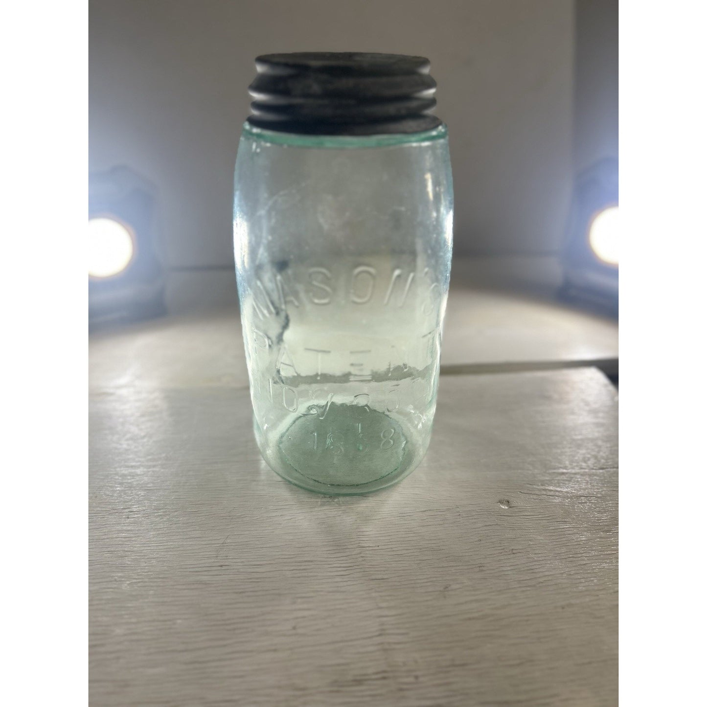 Antique 1858 Mason jar overall condition — no chips or cracks, aqua glass with original zinc lid