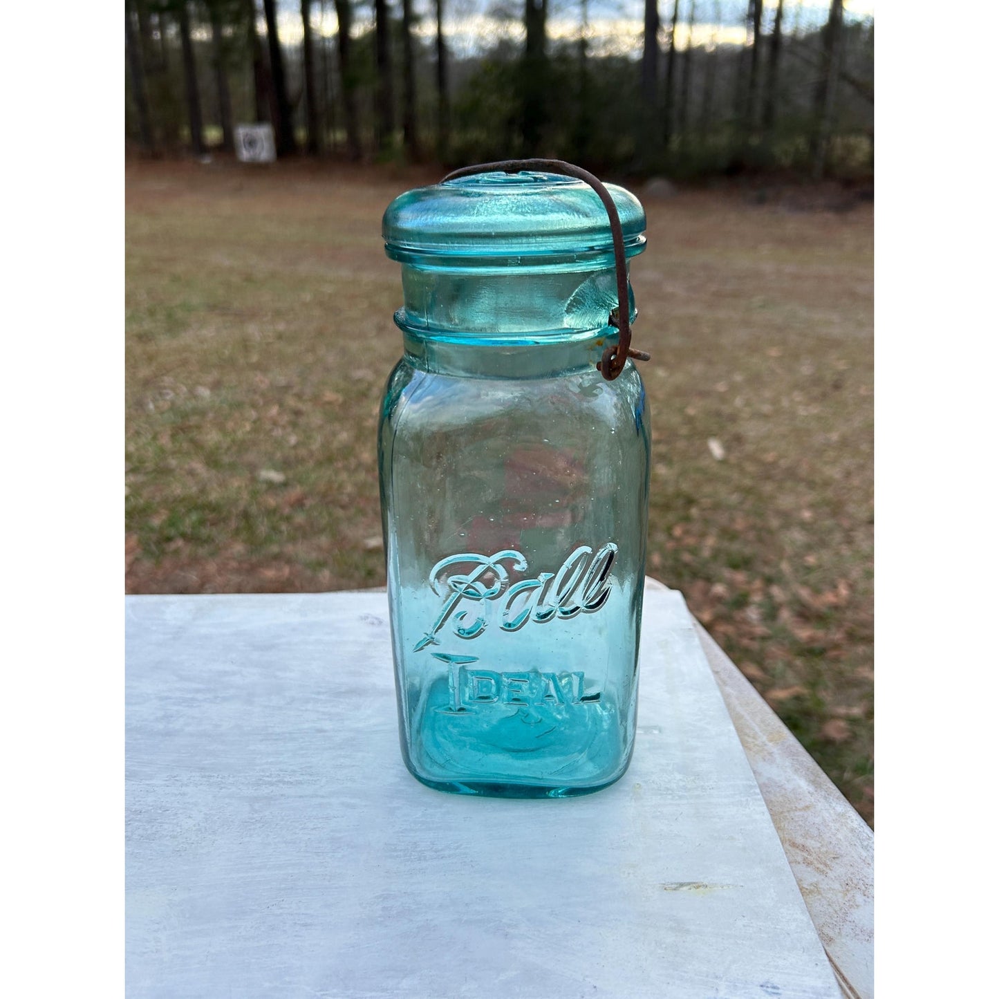 Ball Ideal Square Aqua Glass Mason Jar w/ Wire Bail & Glass Lid