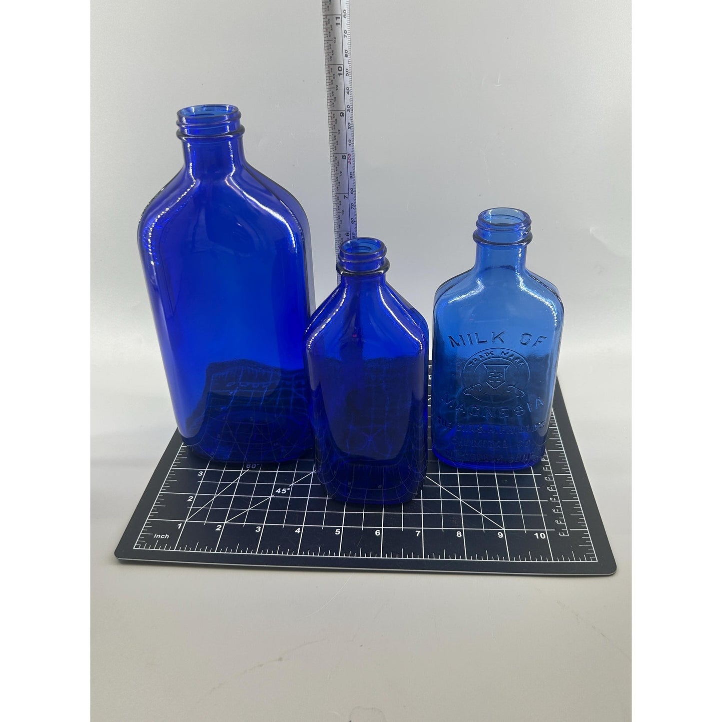Antique Cobalt Blue Apothecary Bottle Lot Phillips Milk of Magnesia Pharmacy Drugstore Glass Decor
