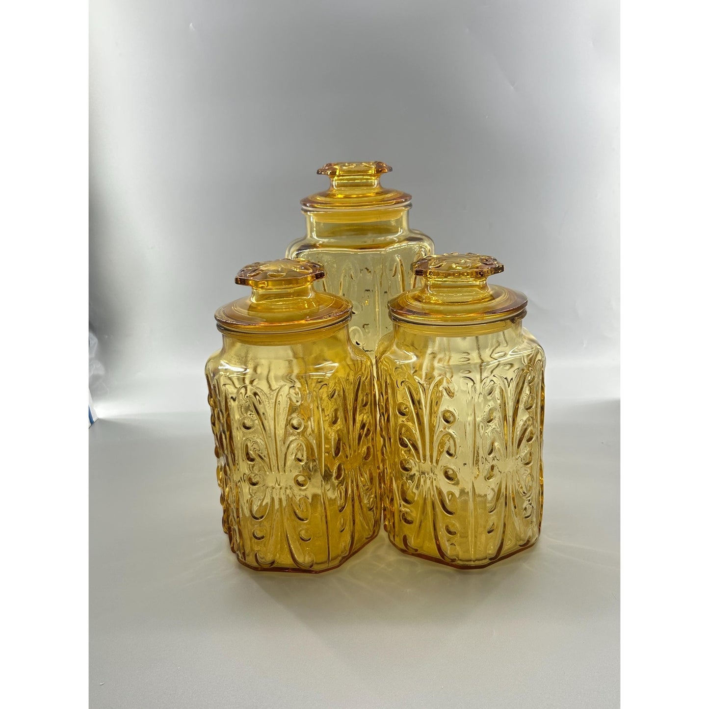 Indiana Honey Amber Glass Apothecary Jars Set of 3, Vintage MCM Kitchen Canisters, Retro Farmhouse Storage, Cookie Jar