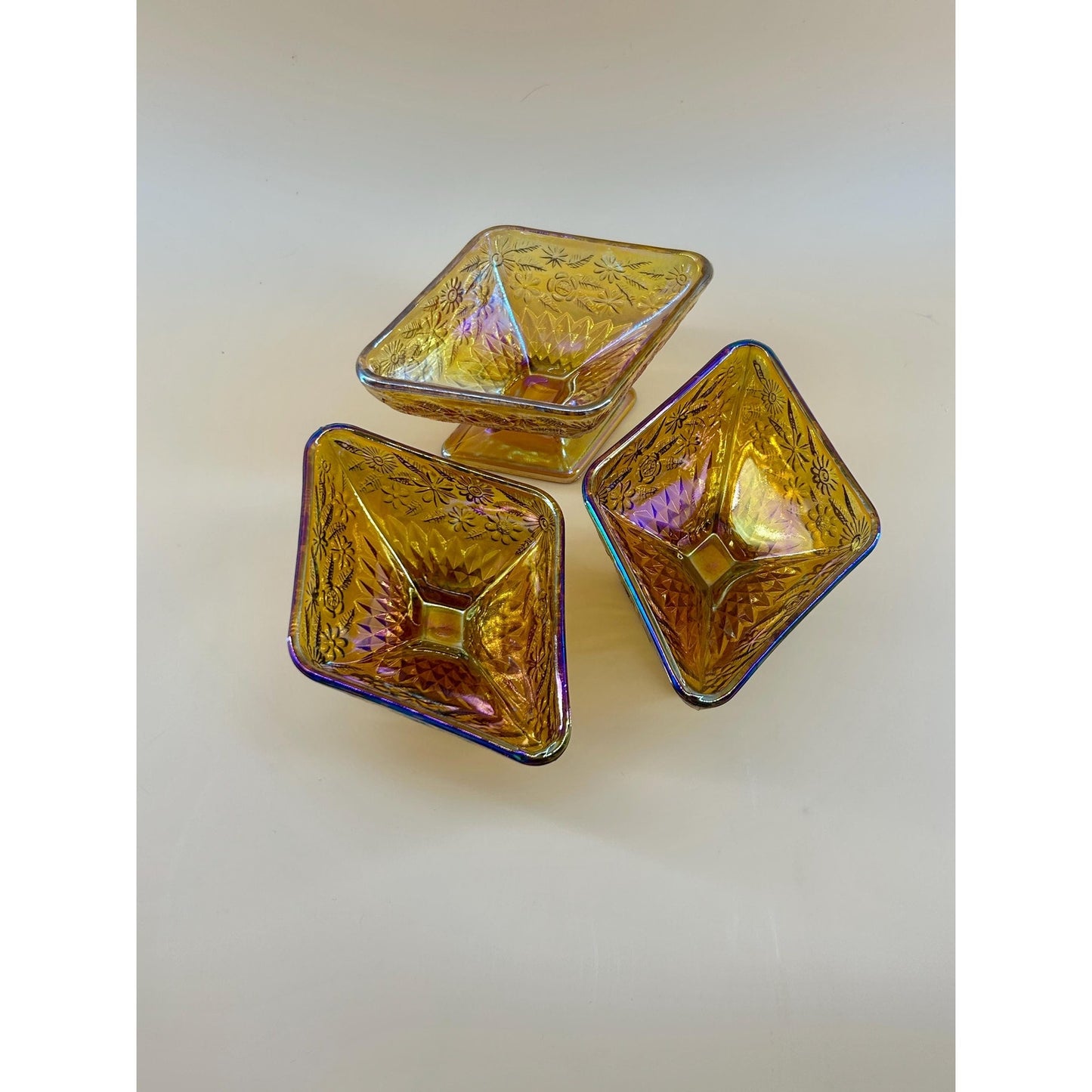 Vintage Marigold Carnival Glass Pedestal Bowls Set of 3 Iridescent Amber Pressed Glass Dessert Bowls Footed Carnival Glass Candy Dish Set