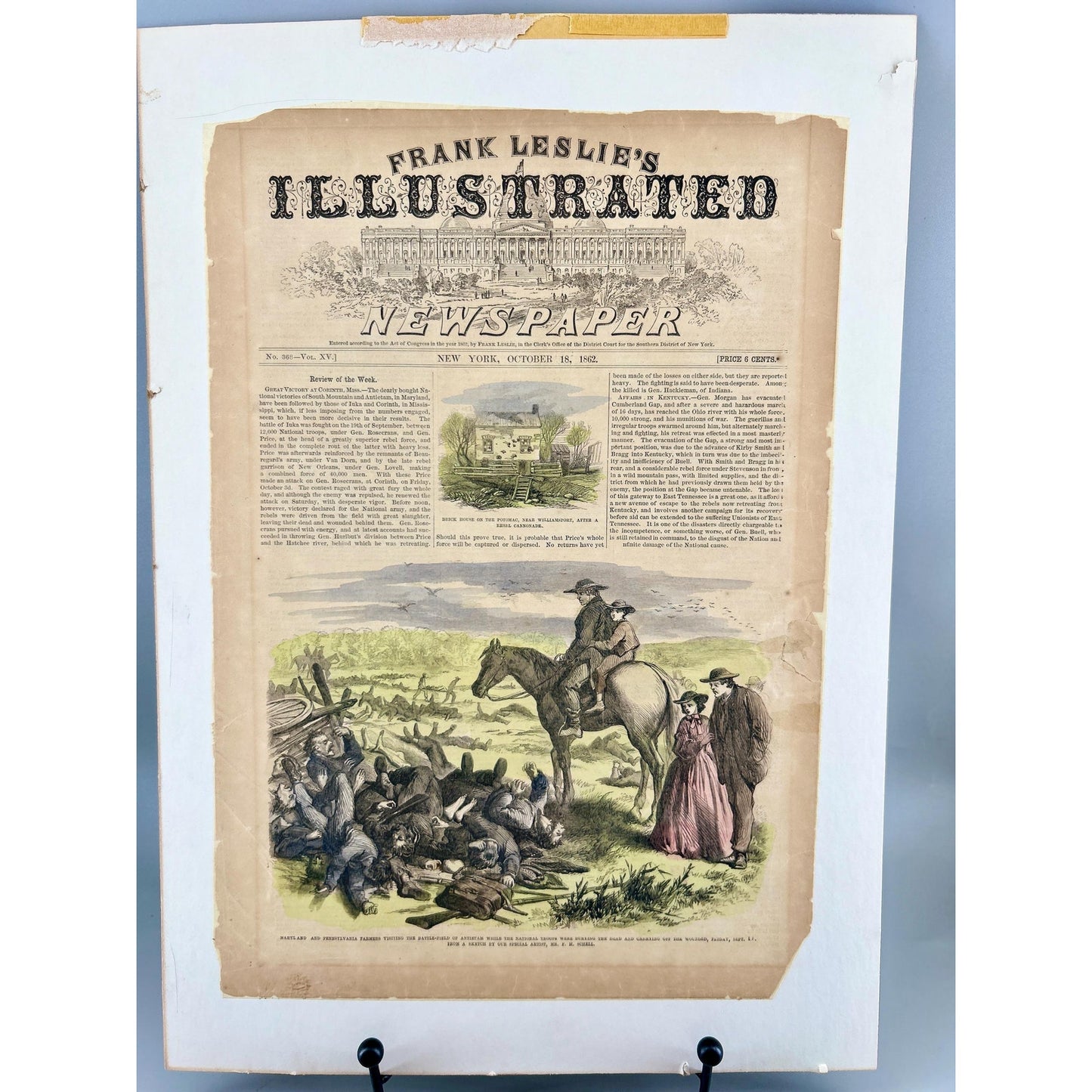 Antique Rare 1862 Frank Leslie Illustrated Newspaper Civil War Antietam Battlefield Original Hand Colored Engraving October 18 Issue
