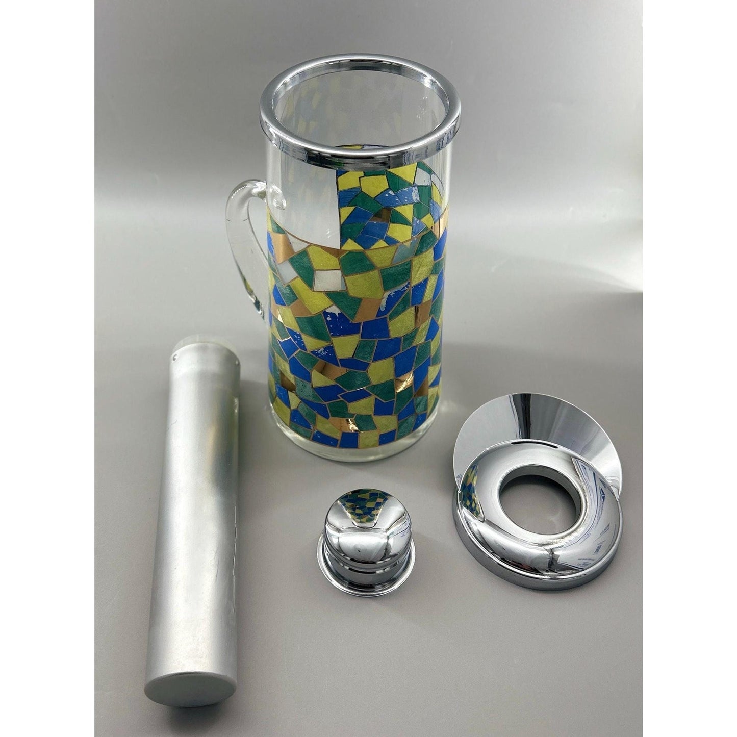 Mid Century Modern Mosaic Glass Pitcher w Chrome Lid & Ice Tube Insert – 1960s Atomic Barware – Retro MCM Entertaining