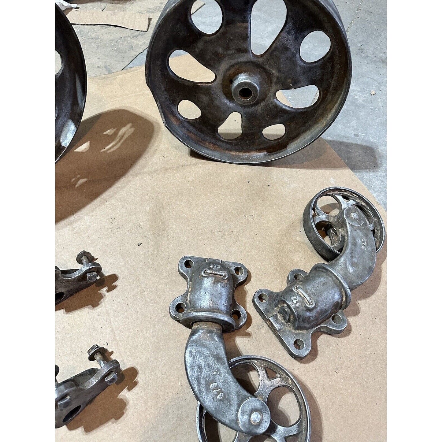 Antique Chas. E. Francis Factory Cart Hardware Set — Complete Cast Iron Wheels, Casters & Brackets