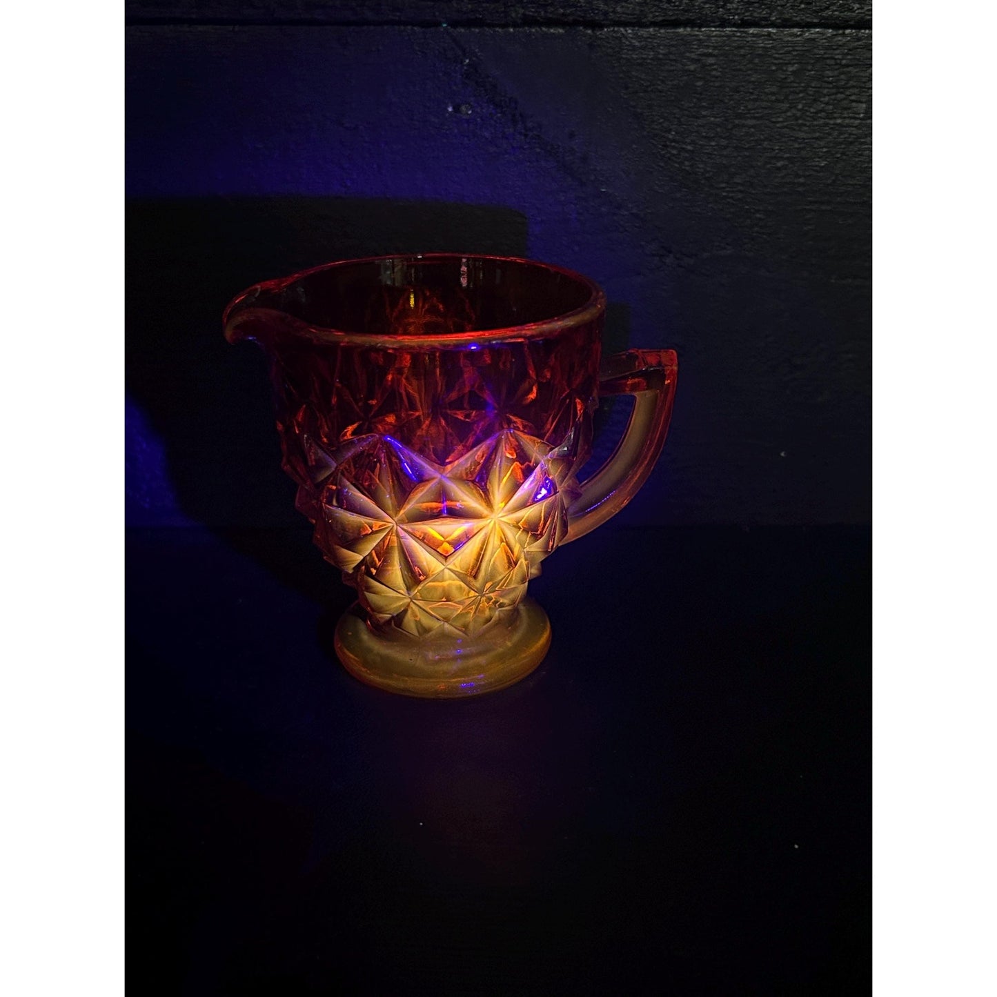 Selenium Diamond Point Glass Creamer | Glows Under UV | Vintage Red Orange Mini Pitcher | Mid Century Art Glass | Uranium Reactive. Amberina