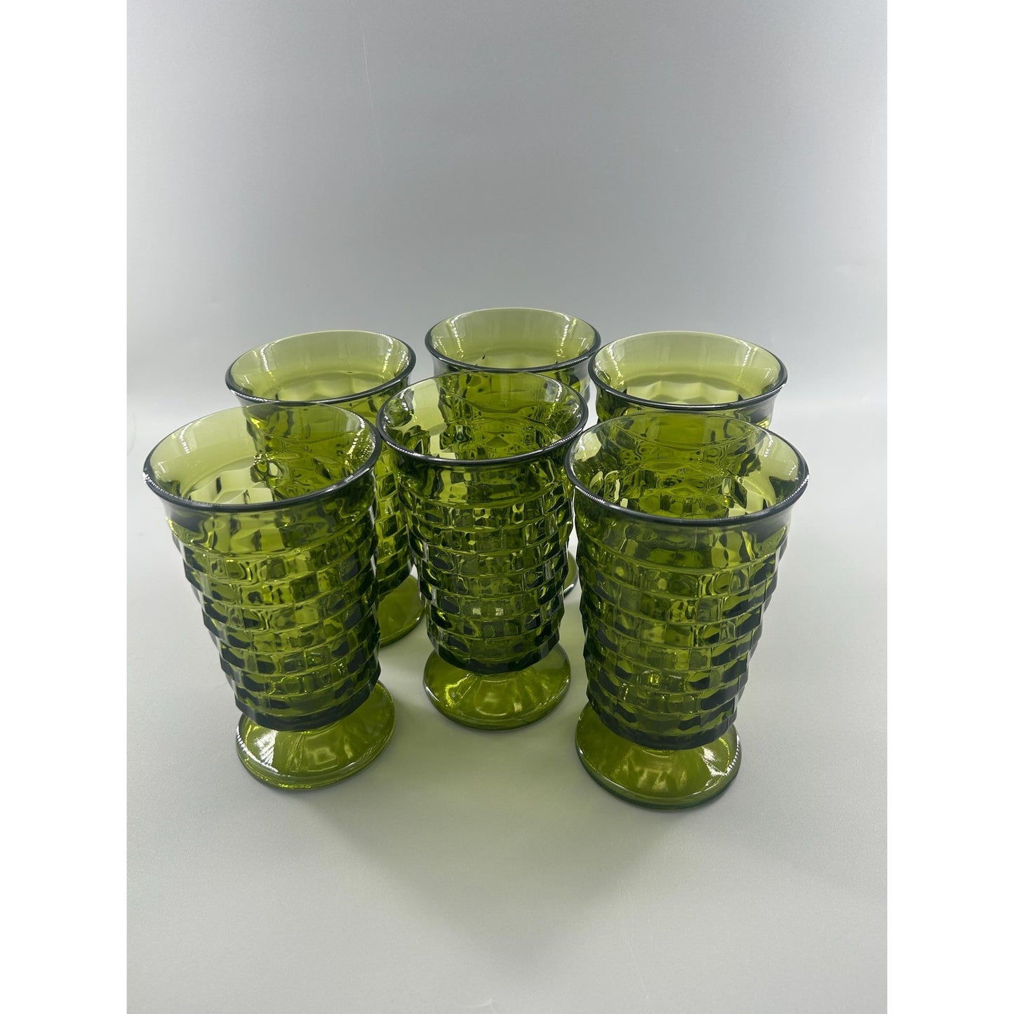 Vintage Indiana Glass Whitehall Cube Tumblers Set of 6 Avocado Green Footed Glasses Mid Century Barware Retro Drinkware