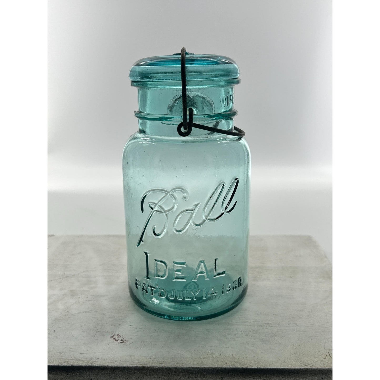 Antique Ball Ideal Aqua Blue Mason Jar Wire Bail Glass Lid Pat July 14 1908 Deep Embossed Fruit Jar Vintage Canning Jar Farmhouse Kitchen