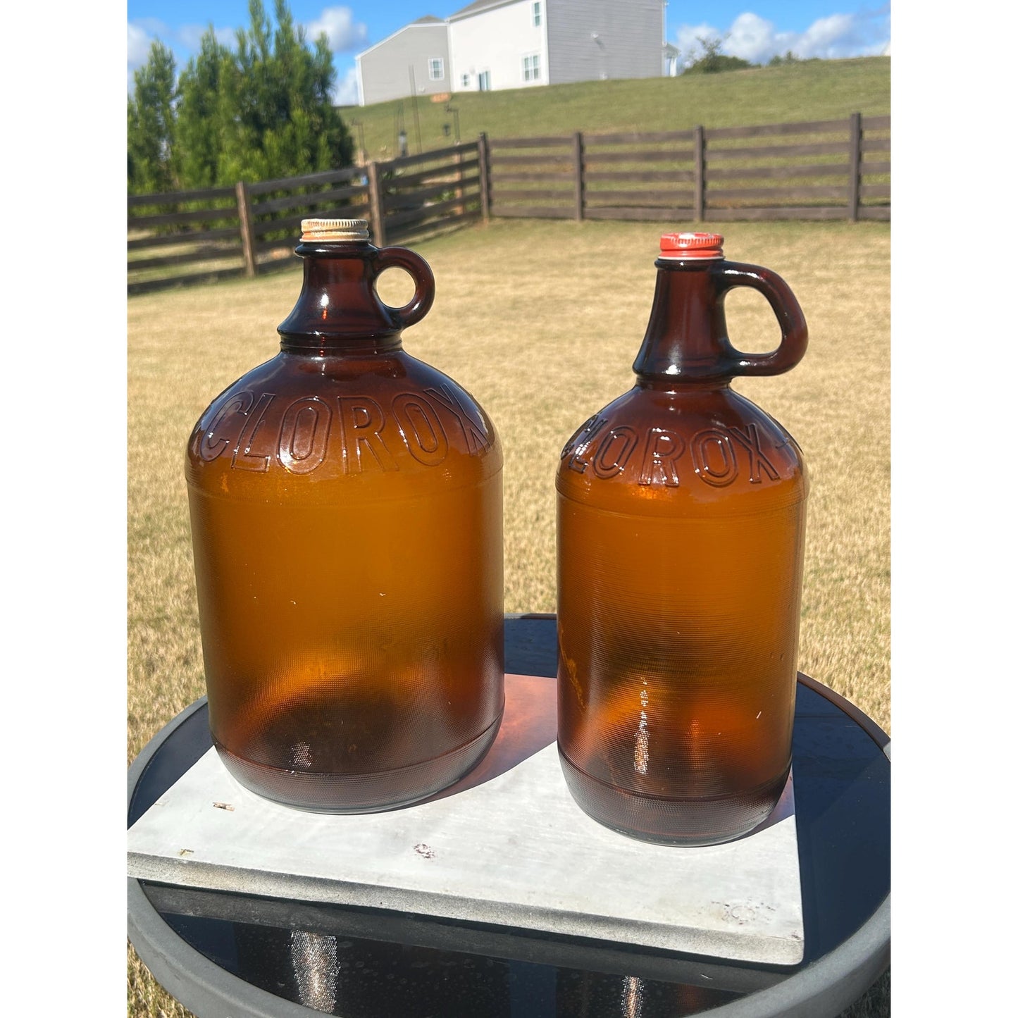 Lot of 2 Vintage Clorox Brown Glass Jugs – 1 Gallon & Half Gallon, Embossed Amber Bottles w/ Original Caps, 1940s–1950s Bleach Bottles