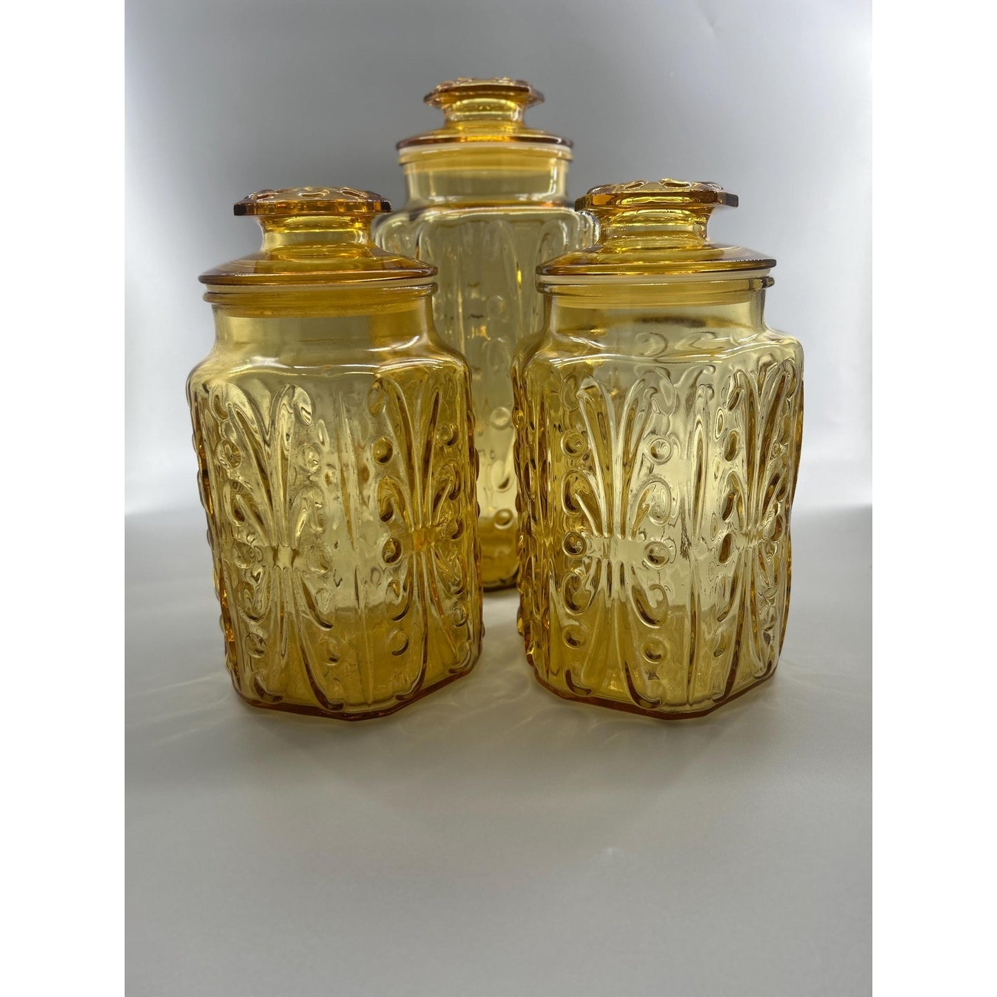 Indiana Honey Amber Glass Apothecary Jars Set of 3, Vintage MCM Kitchen Canisters, Retro Farmhouse Storage, Cookie Jar