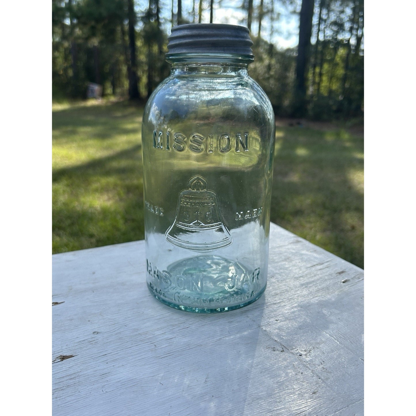 Rare Half Gallon Mission Bell Mason Jar Aqua WJ Latchford Los Angeles CA Antique