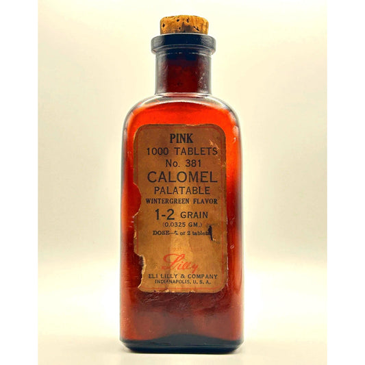 Vintage Amber Apothecary Bottle – Eli Lilly Pink Calomel Tablets with Original Contents – Rustic Home Decor Display
