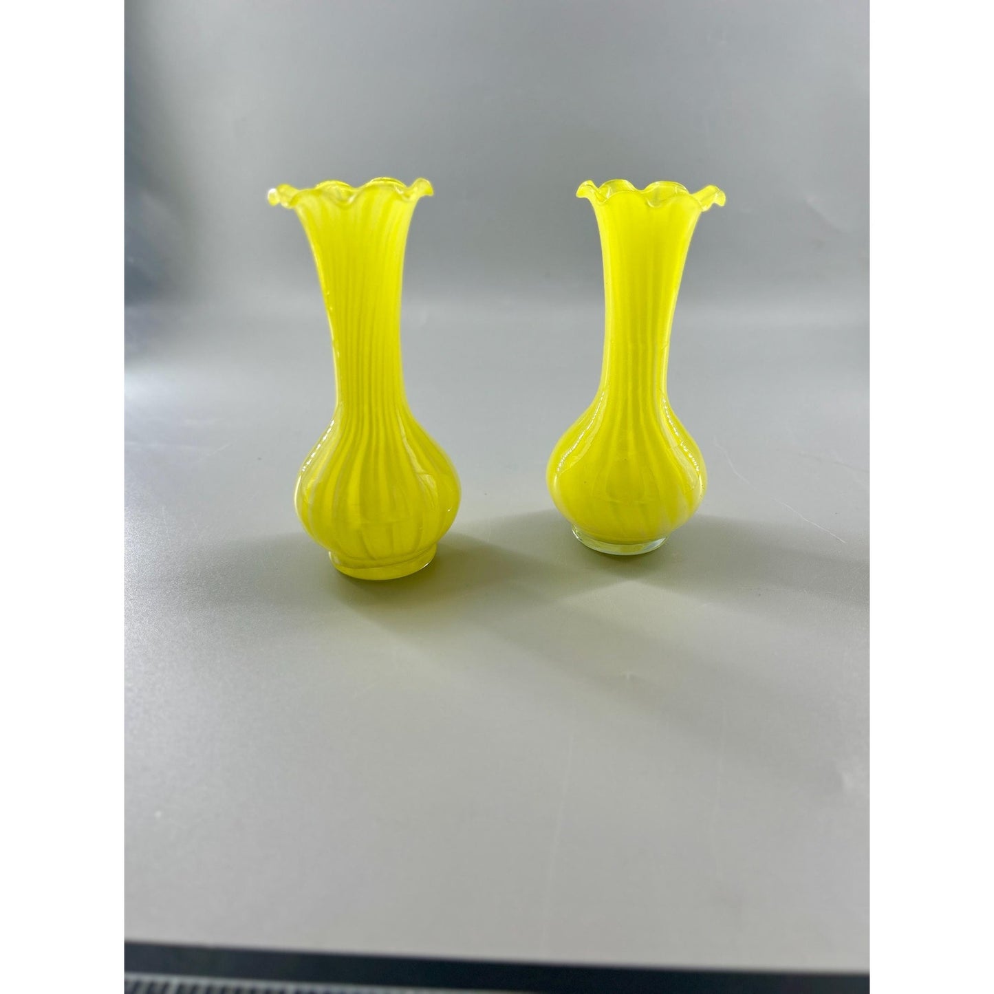 Vintage Murano Style Yellow Opaline Art Glass Bud Vases Pair Ruffled Rim Hand Blown Italy